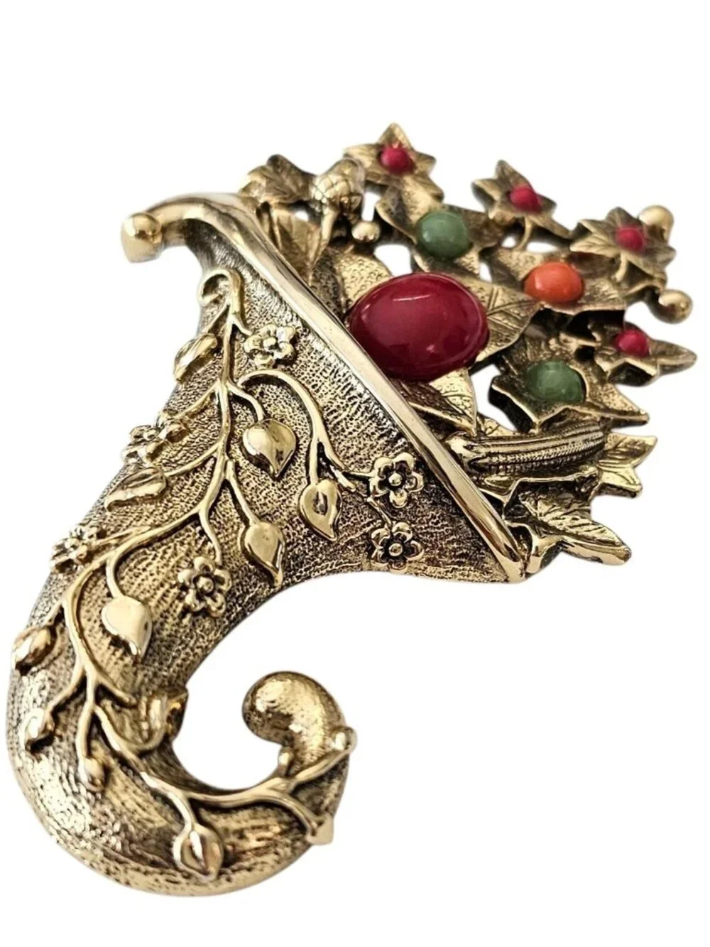 1928 Brand Autumn Leaves Fall Cornucopia Brooch Lucite Cabochon Pin, J38